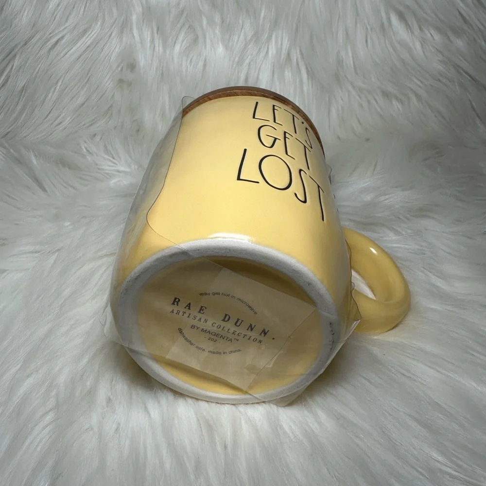 Rae Dunn Yellow Let’s Get Lost Mug with Wooden Lid/Coaster - Picture 3 of 4